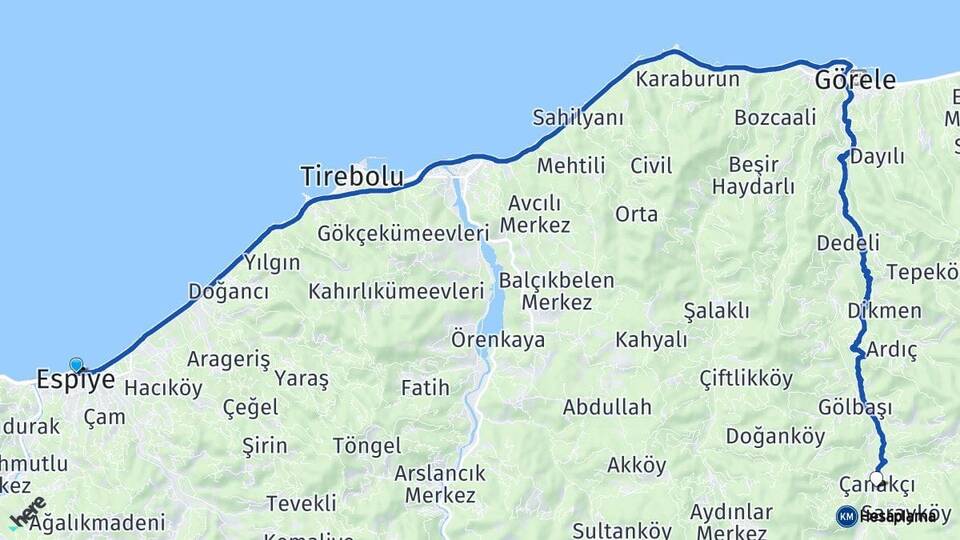 Giresun Espiye Çanakçı Arası Kaç Km - Yol Haritası