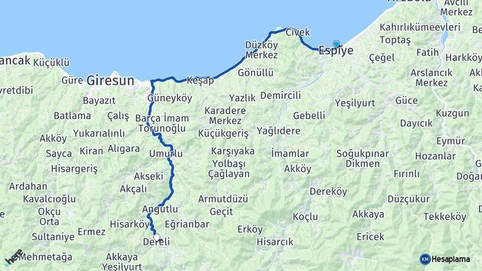 Giresun Espiye Dereli Arası Kaç Km - Yol Haritası