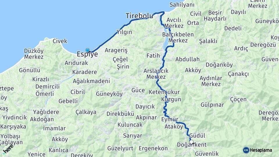 Giresun Espiye Doğankent Arası Kaç Km - Yol Haritası