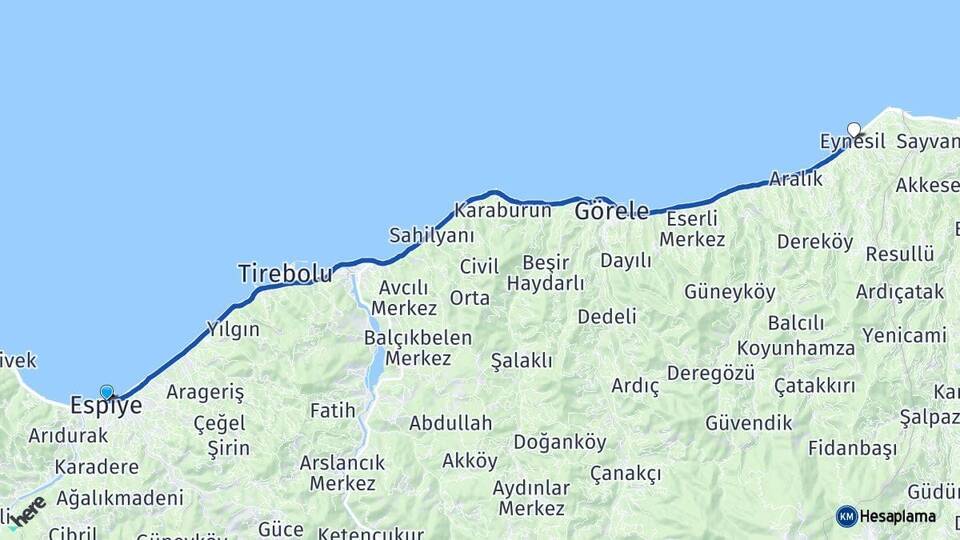 Giresun Espiye Eynesil Arası Kaç Km - Yol Haritası