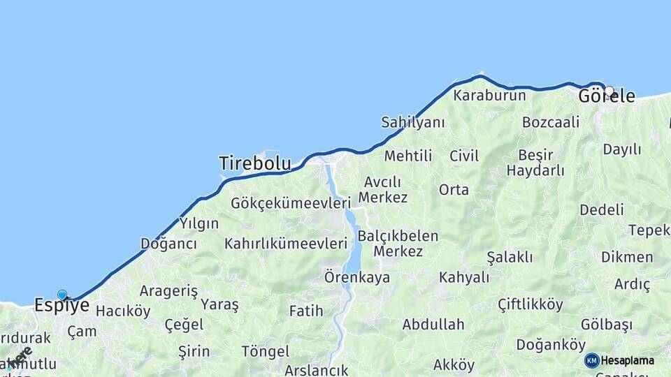 Giresun Espiye Görele Arası Kaç Km - Yol Haritası