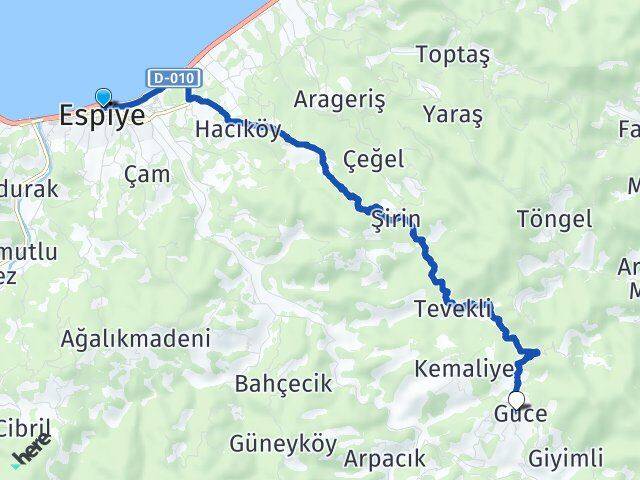 Giresun Espiye Güce Arası Kaç Km - Yol Haritası