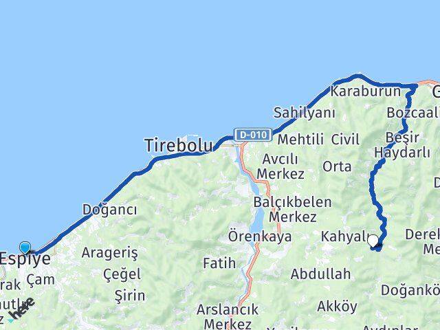 Giresun Espiye Işıklı Tirebolu Arası Kaç Km - Yol Haritası