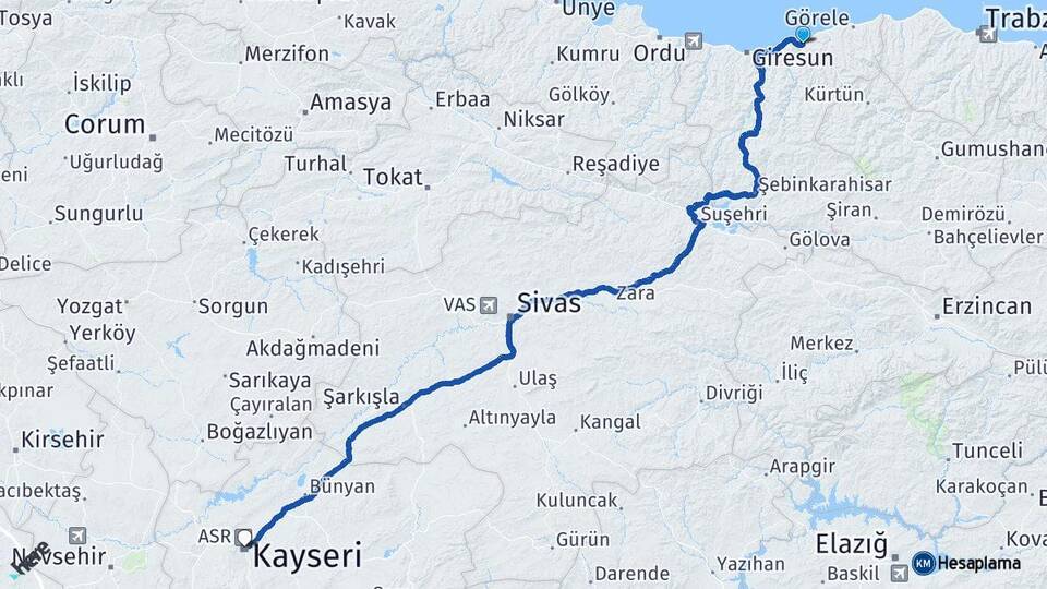 Giresun Espiye Kayseri Arası Kaç Km - Yol Haritası
