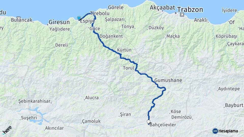 Giresun Espiye Kelkit Gümüşhane Arası Kaç Km - Yol Haritası