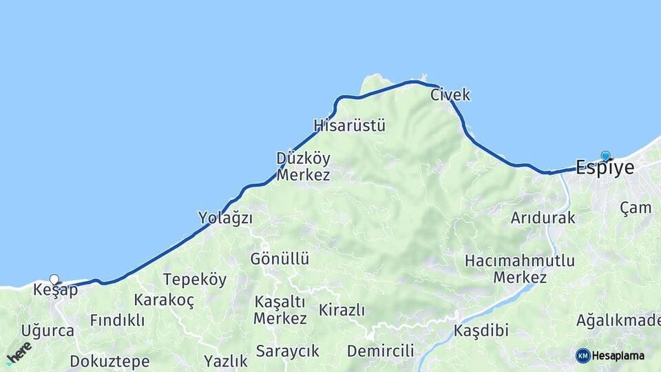 Giresun Espiye Keşap Arası Kaç Km - Yol Haritası