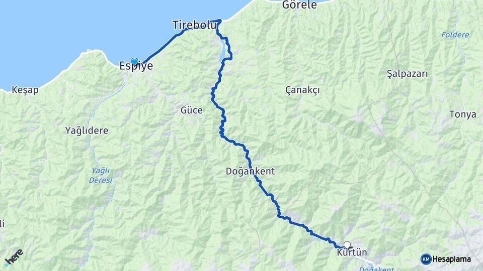 Giresun Espiye Kürtün Gümüşhane Arası Kaç Km - Yol Haritası