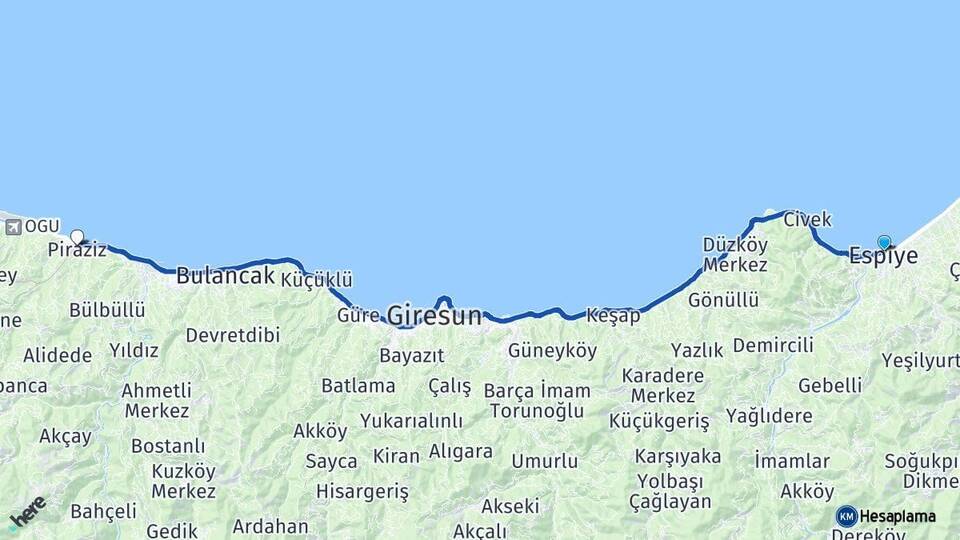 Giresun Espiye Piraziz Arası Kaç Km - Yol Haritası
