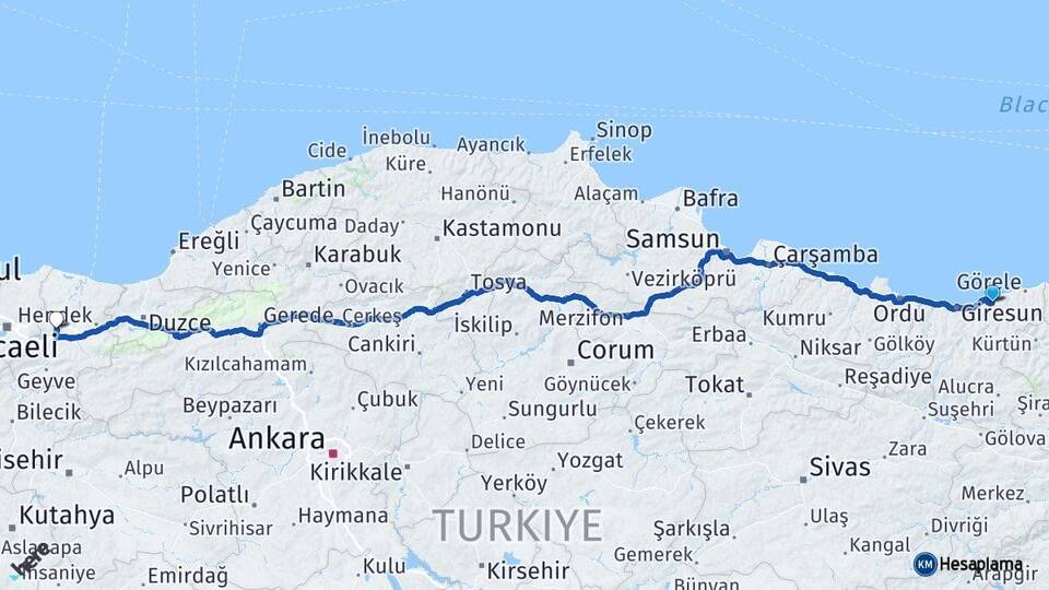 Giresun Espiye Sakarya Arası Kaç Km - Yol Haritası