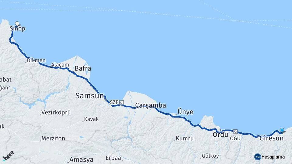 Giresun Espiye Sinop Arası Kaç Km - Yol Haritası