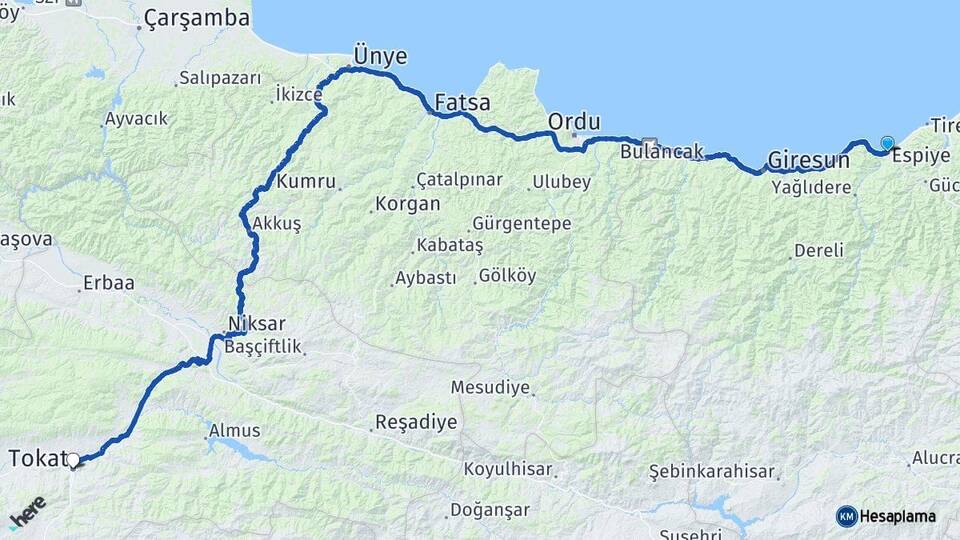 Giresun Espiye Tokat Arası Kaç Km - Yol Haritası