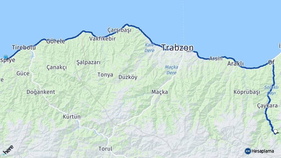 Giresun Espiye Uzungöl Çaykara Trabzon Arası Kaç Km - Yol Haritası