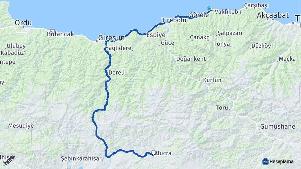 Giresun Eynesil Alucra Arası Kaç Km - Yol Haritası