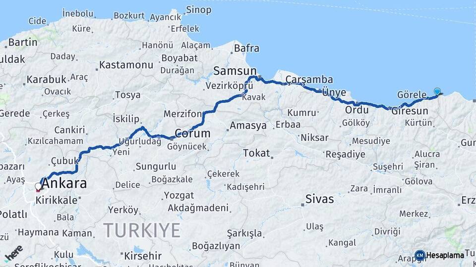 Giresun Eynesil Ankara Arası Kaç Km - Yol Haritası