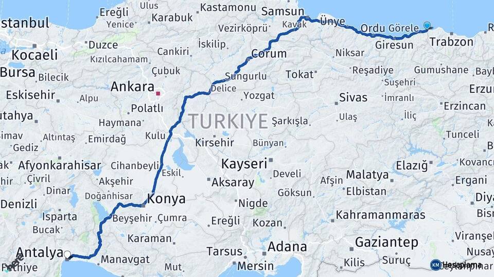 Giresun Eynesil Antalya Arası Kaç Km - Yol Haritası