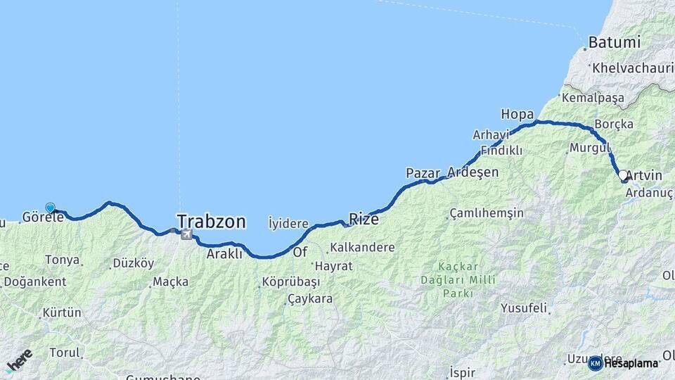 Giresun Eynesil Artvin Arası Kaç Km - Yol Haritası