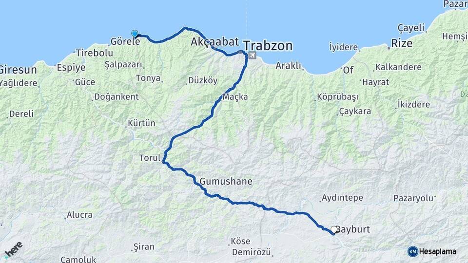 Giresun Eynesil Bayburt Arası Kaç Km - Yol Haritası