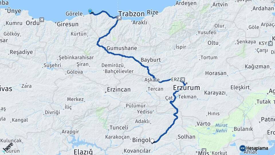 Giresun Eynesil Bingöl Arası Kaç Km - Yol Haritası