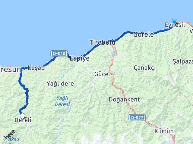 Giresun Eynesil Dereli Arası Kaç Km - Yol Haritası