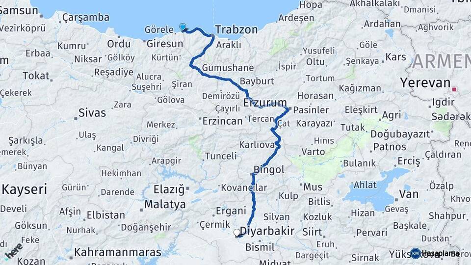 Giresun Eynesil Diyarbakır Arası Kaç Km - Yol Haritası