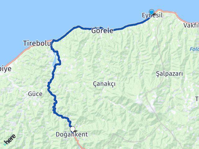 Giresun Eynesil Doğankent Arası Kaç Km - Yol Haritası