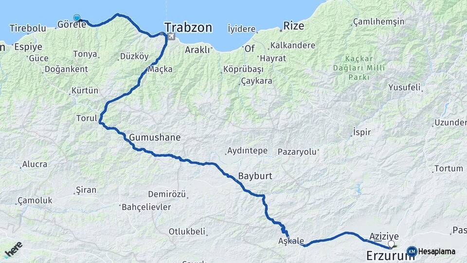 Giresun Eynesil Erzurum Arası Kaç Km - Yol Haritası