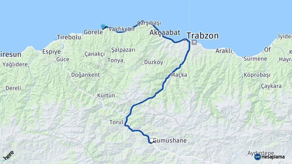 Giresun Eynesil Gümüşhane Arası Kaç Km - Yol Haritası
