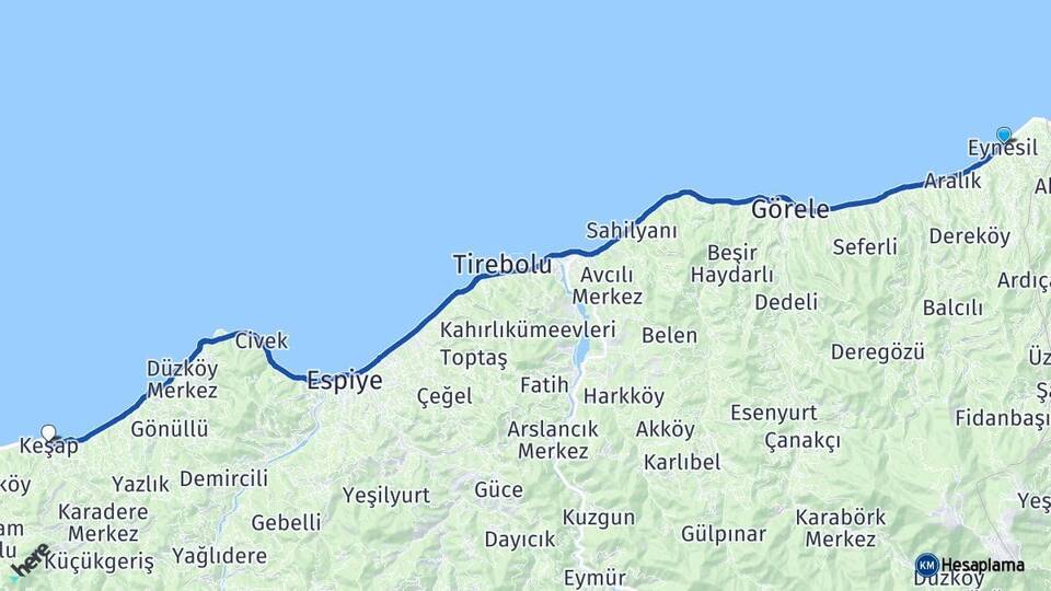 Giresun Eynesil Keşap Arası Kaç Km - Yol Haritası