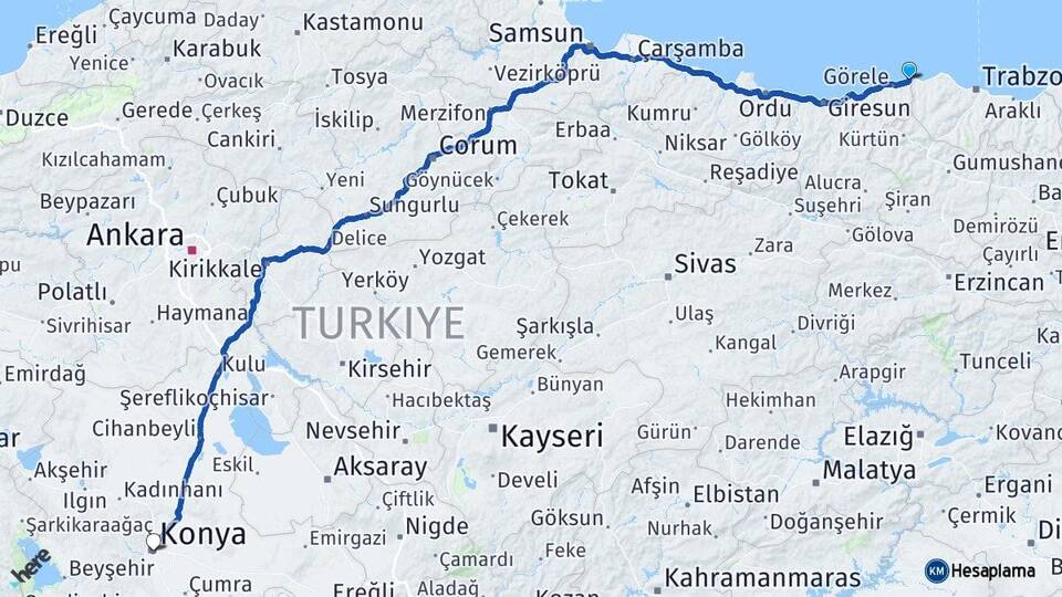 Giresun Eynesil Konya Arası Kaç Km - Yol Haritası