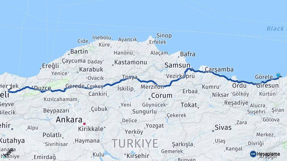 Giresun Eynesil Sakarya Arası Kaç Km - Yol Haritası