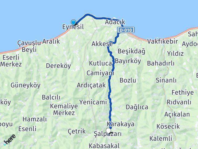 Giresun Eynesil Şalpazarı Trabzon Arası Kaç Km - Yol Haritası