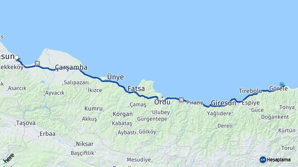 Giresun Eynesil Samsun Arası Kaç Km - Yol Haritası
