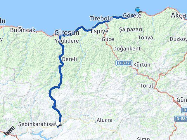 Giresun Eynesil Şebinkarahisar Arası Kaç Km - Yol Haritası
