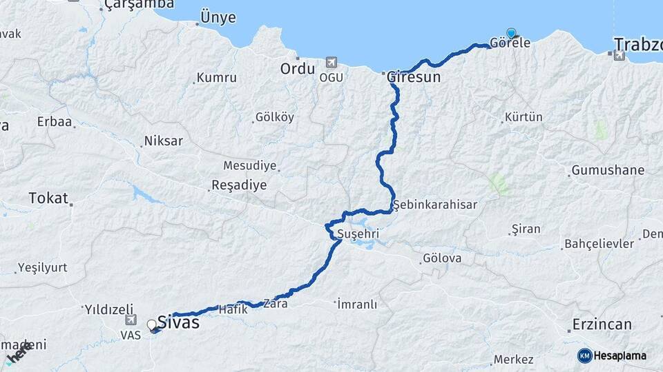 Giresun Eynesil Sivas Arası Kaç Km - Yol Haritası