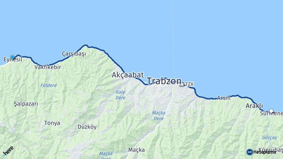 Giresun Eynesil Sürmene Trabzon Arası Kaç Km - Yol Haritası