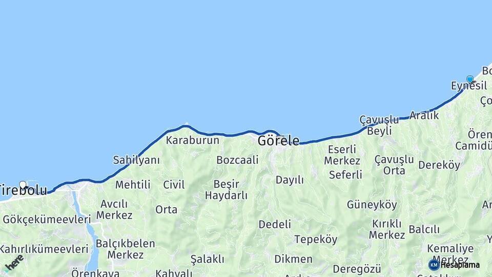 Giresun Eynesil Tirebolu Arası Kaç Km - Yol Haritası