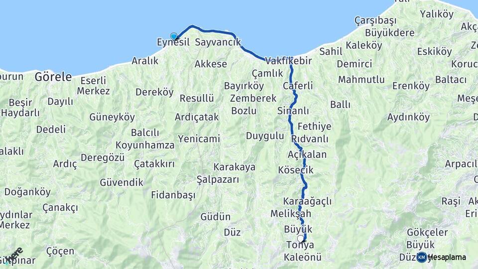 Giresun Eynesil Tonya Trabzon Arası Kaç Km - Yol Haritası