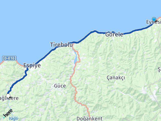 Giresun Eynesil Yağlıdere Arası Kaç Km - Yol Haritası