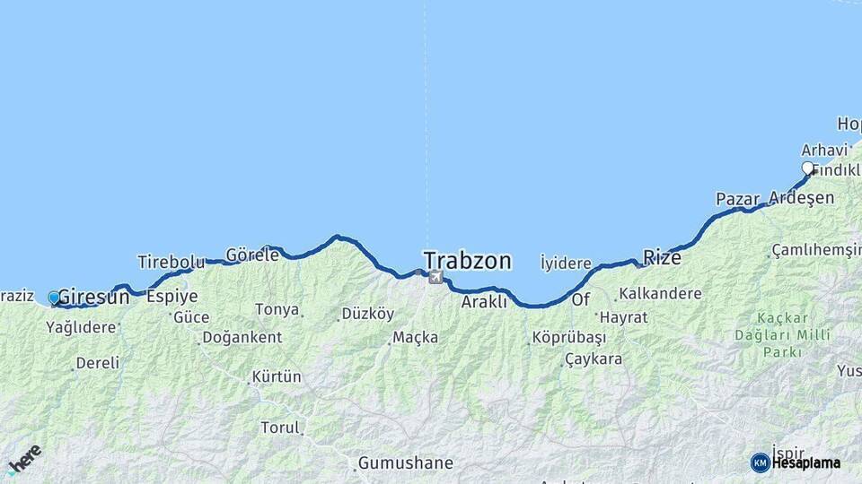 Giresun Fındıklı Rize Arası Kaç Km - Yol Haritası