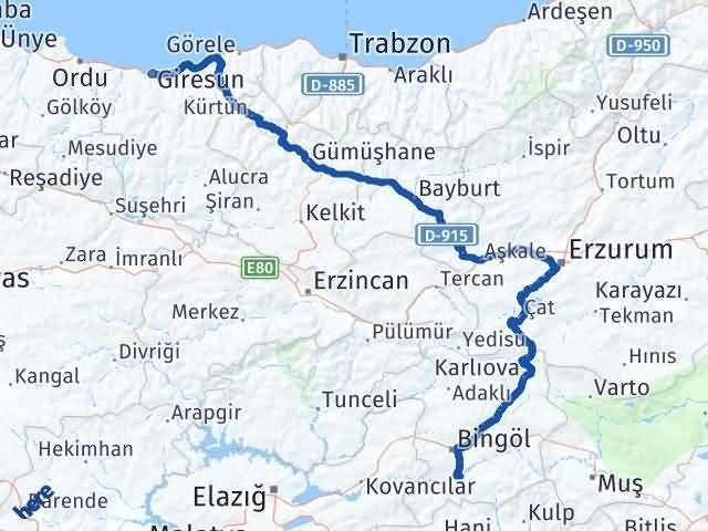 Giresun Genç Bingöl Arası Kaç Km - Yol Haritası