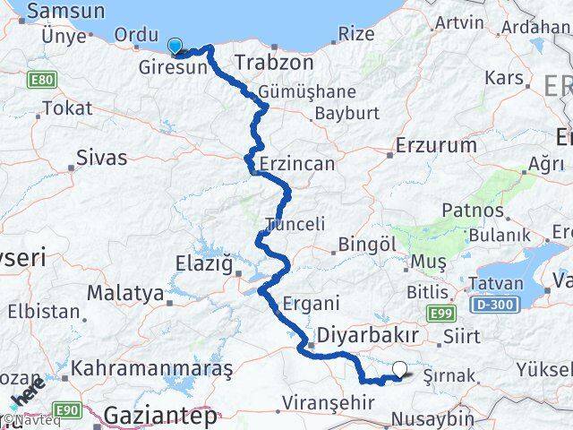 Giresun Gercüş Batman Arası Kaç Km - Yol Haritası