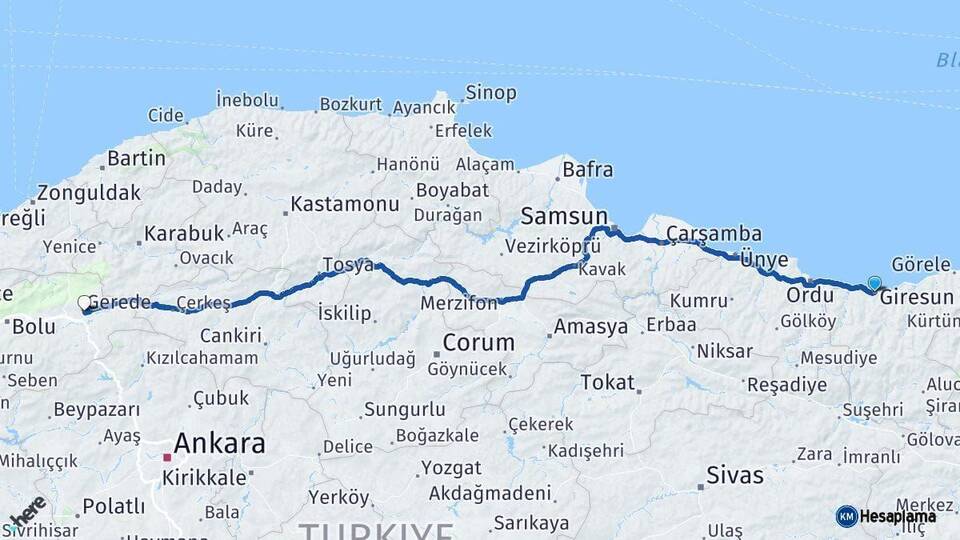 Giresun Gerede Bolu Arası Kaç Km - Yol Haritası