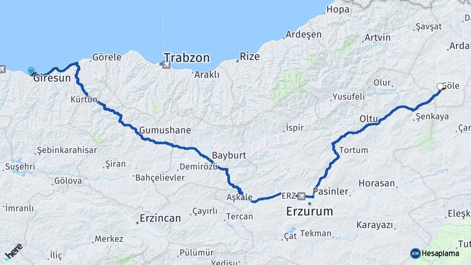 Giresun Göle Ardahan Arası Kaç Km - Yol Haritası