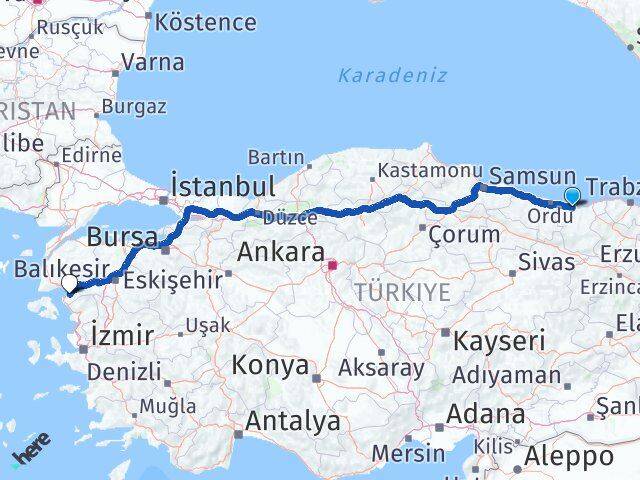 Giresun Gömeç Balıkesir Arası Kaç Km - Yol Haritası