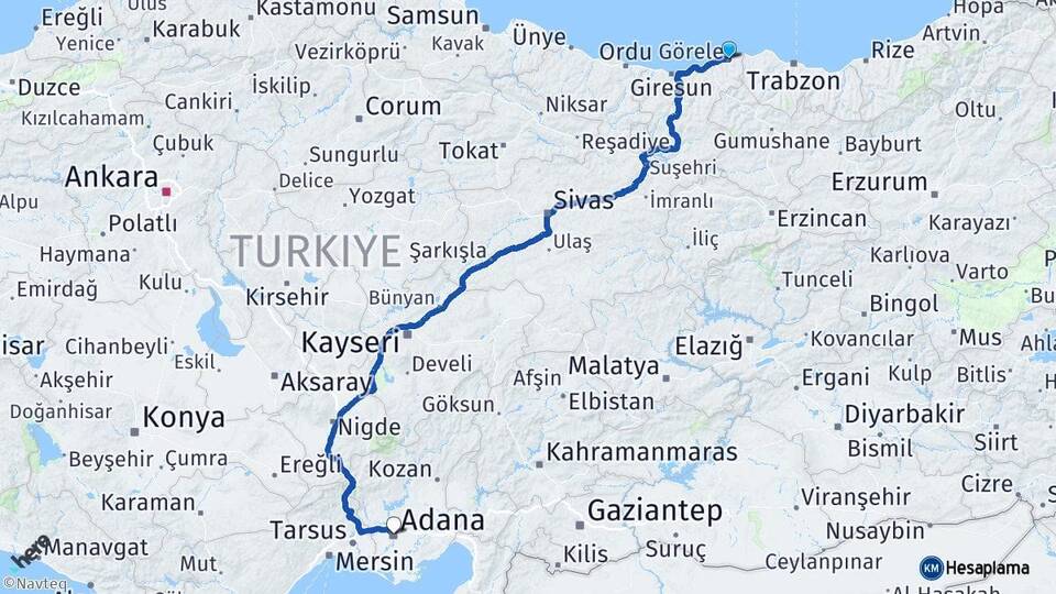 Giresun Görele Adana Arası Kaç Km - Yol Haritası
