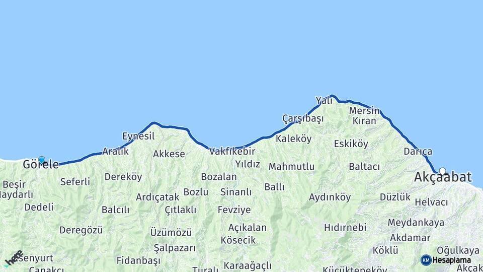 Giresun Görele Akçaabat Trabzon Arası Kaç Km - Yol Haritası