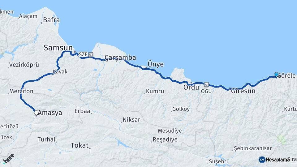 Giresun Görele Amasya Arası Kaç Km - Yol Haritası