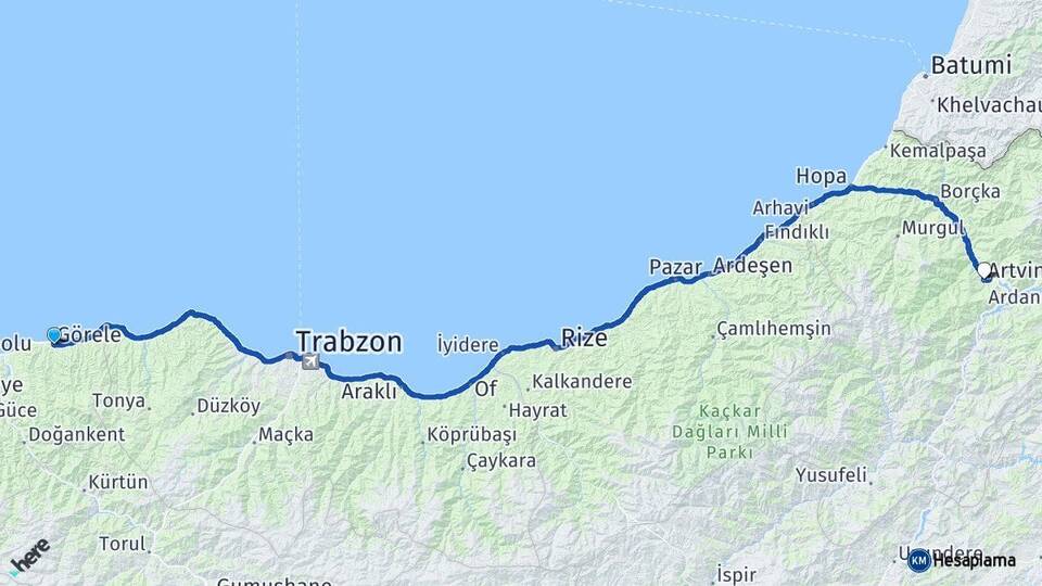 Giresun Görele Artvin Arası Kaç Km - Yol Haritası