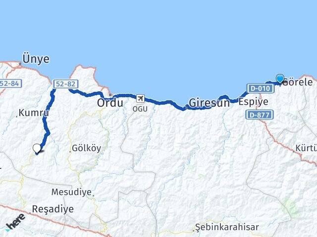 Giresun Görele Aybastı Ordu Arası Kaç Km - Yol Haritası