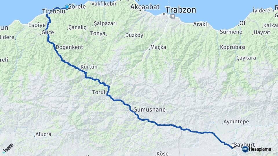 Giresun Görele Bayburt Arası Kaç Km - Yol Haritası